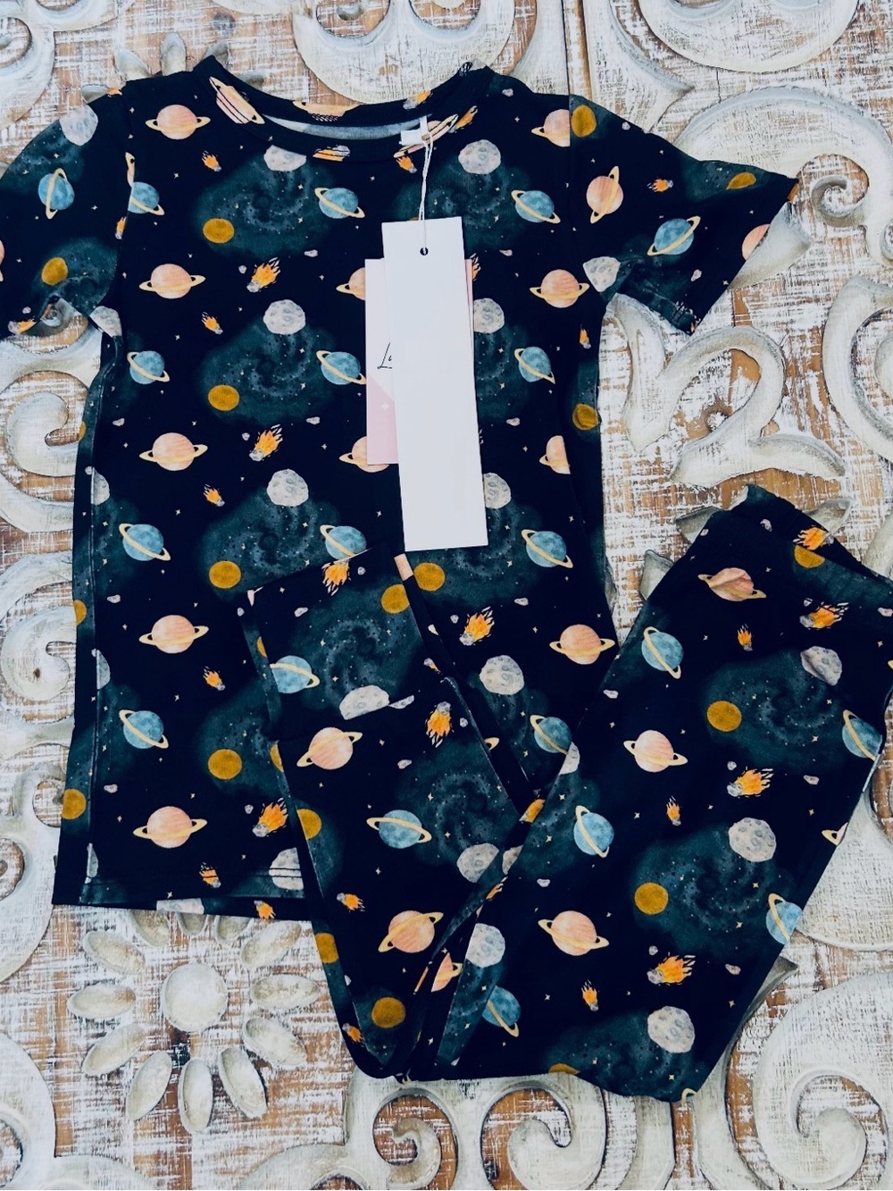 Galaxy Planet Print Kids Bamboo Set - Black with Pastel Planets
